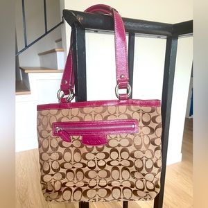 AUTHENTIC Coach purse (medium size, tan and magenta with lavender interior)